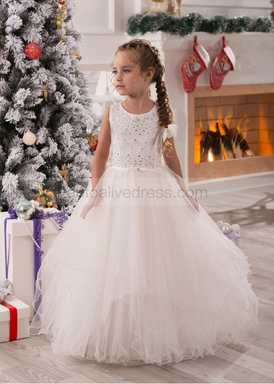 Ivory Satin Ruffle Tulle Beaded Curly Hem Flower Girl Dress